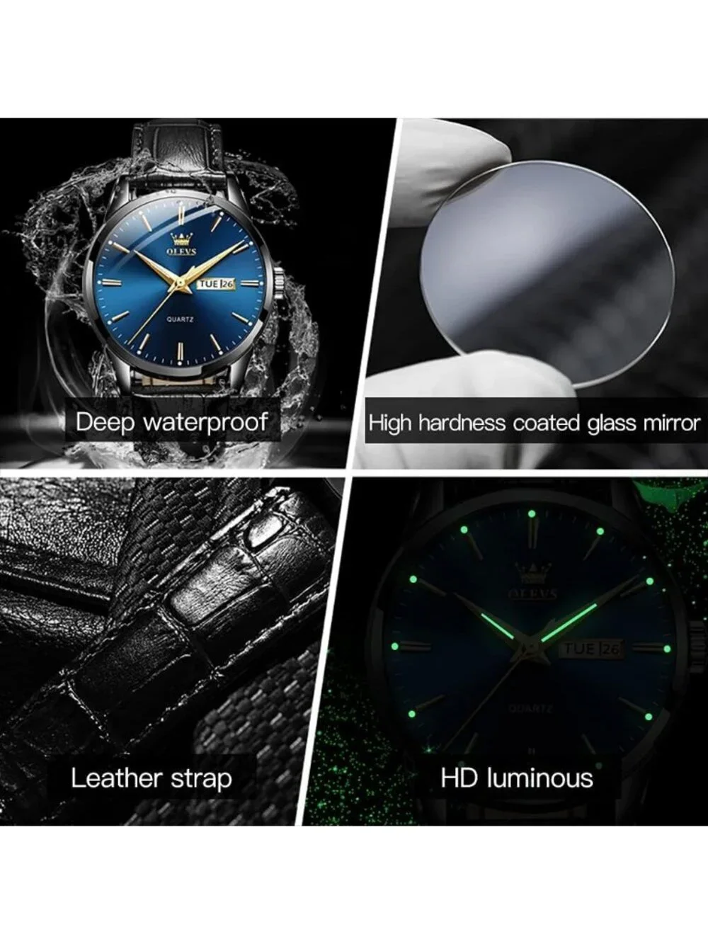 Men's Blue Fashion Quartz Leather Black Buckle Waterproof Luminous Round Watch